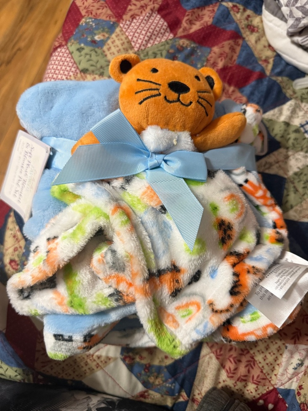 Le Bébé Favorite Orange Tiger Plush with Blue Blanket